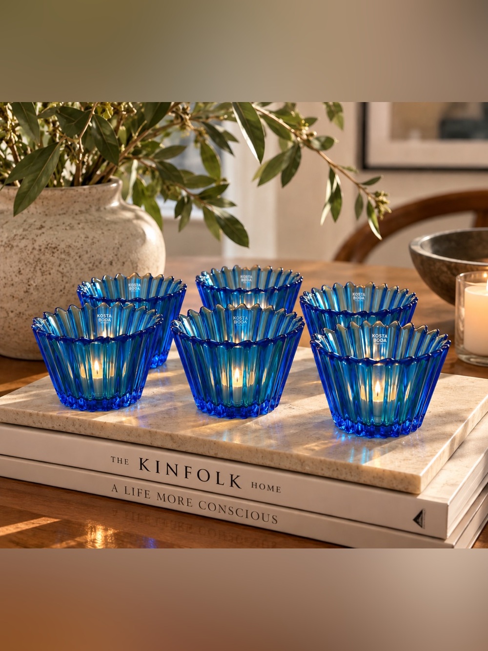 Kosta Boda Swedish Art Glass Blue Cupcake Bowls/Votive Holders | Set of 6